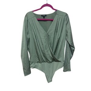 Express Women Satin Sage Green Long Sleeve V Neck Faux Wrap Bodysuit Top L